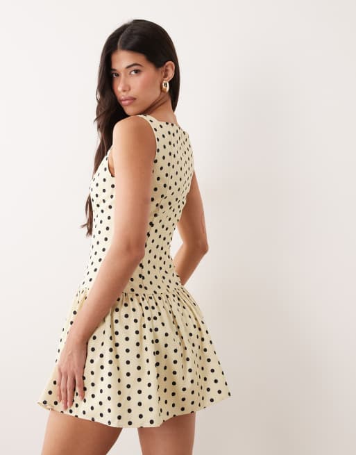 Kaiia exclusive high square neck button front gathered skirt mini dress in yellow and black polka dot, 4 of 4