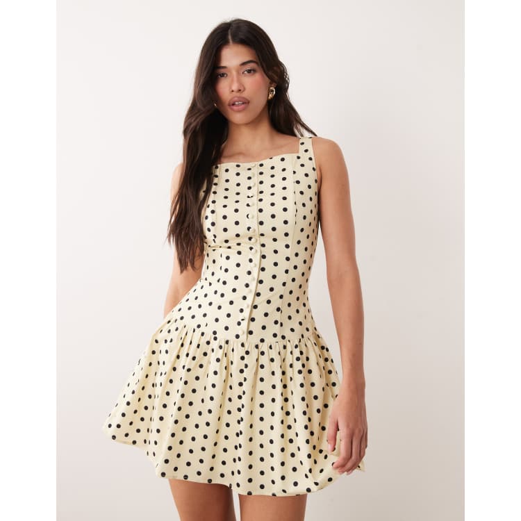 Kaiia exclusive high square neck button front gathered skirt mini dress in  yellow and black polka dots | ASOS