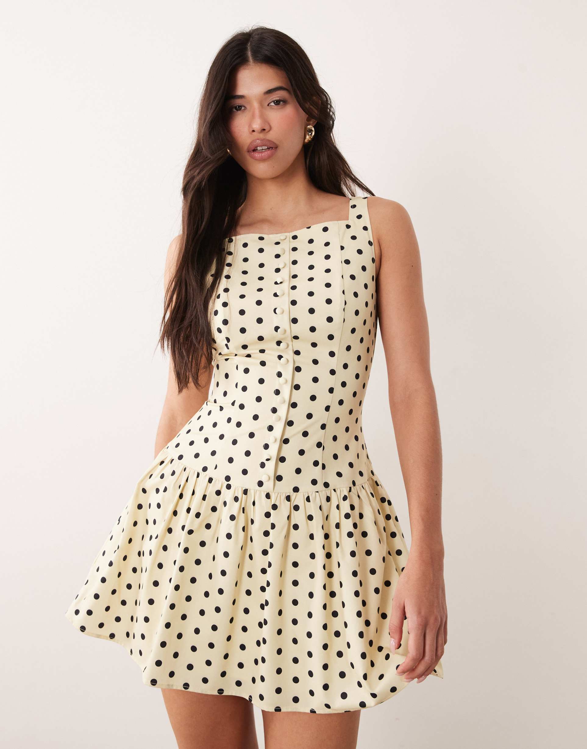 kaiia exclusive high square neck button front gathered skirt mini dress in yellow and black polka dots