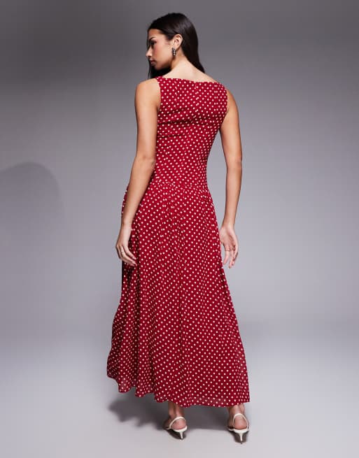 Kaiia exclusive high square neck button through drop waist maxi dress in red and white polka dot, 3 of 4