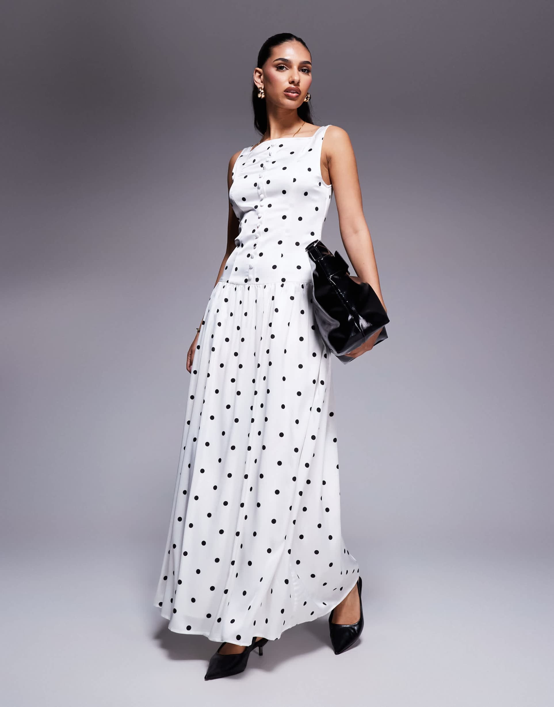 kaiia exclusive high square neck button through drop waist satin maxi dress in mono polka dot