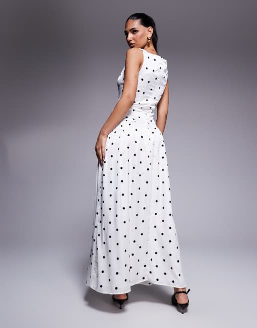 Kaiia exclusive high square neck button through drop waist satin maxi dress in mono polka dot
