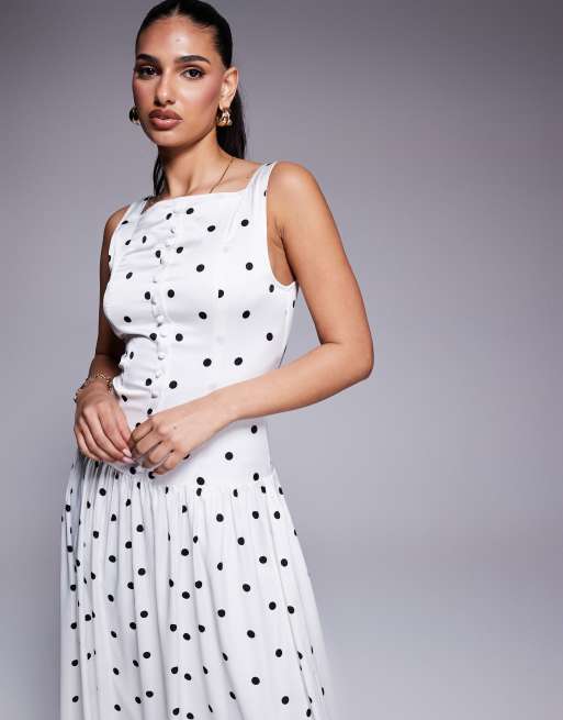 Kaiia exclusive high square neck button through drop waist satin maxi dress in mono polka dot