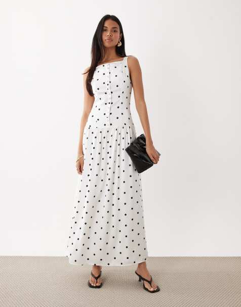 Kaiia exclusive high square neck button through drop waist satin maxi dress in mono polka dot - view 1