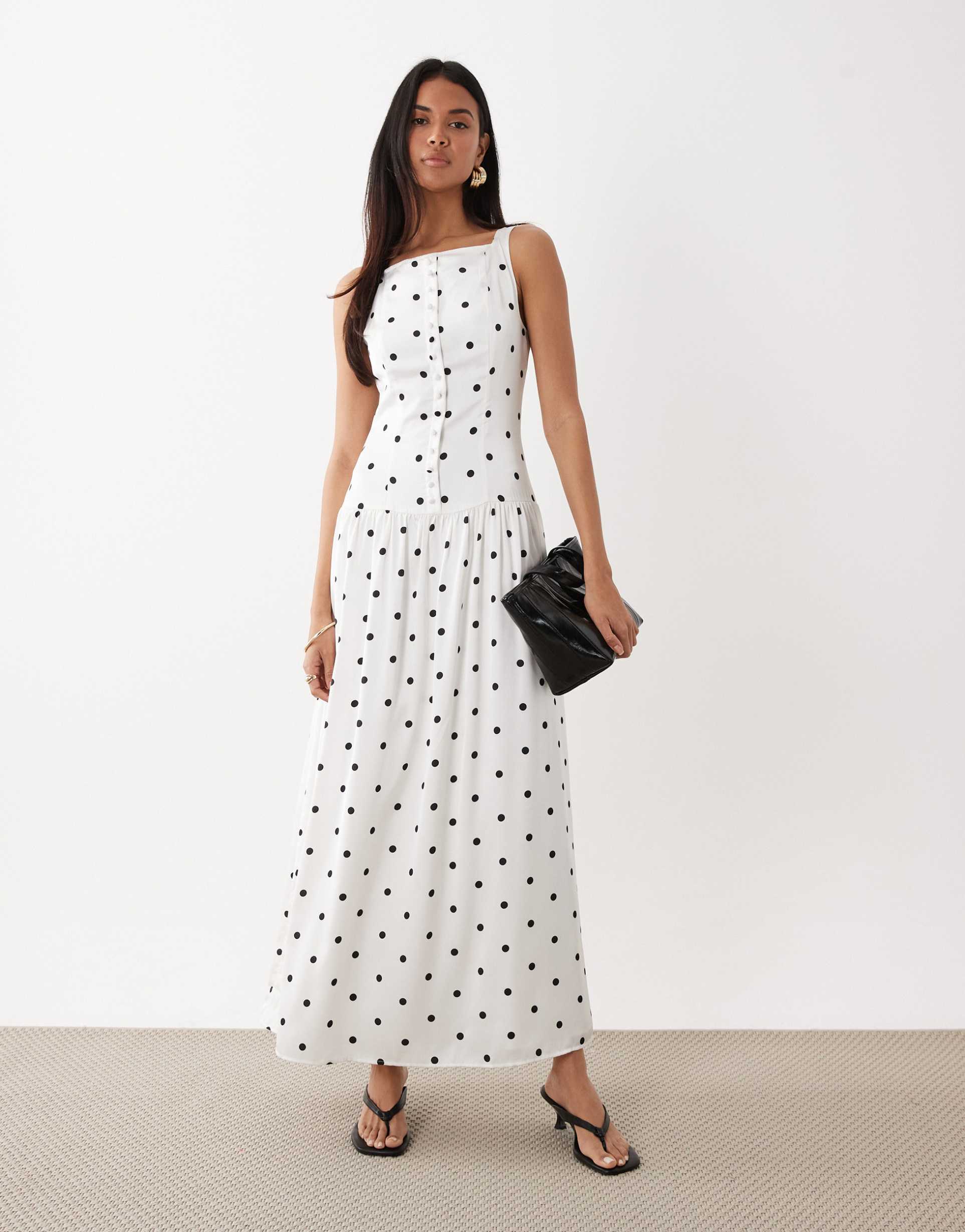 kaiia exclusive high square neck button through drop waist satin maxi dress in mono polka dot