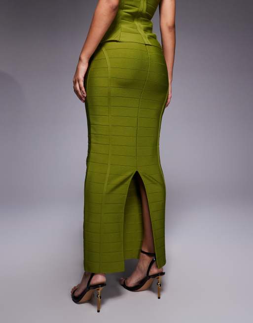 Kaiia – Exclusive – Hochwertiger, formender Bodycon-Maxirock in Olivgrün mit Bandagendesign, Kombiteil, 4 von 5