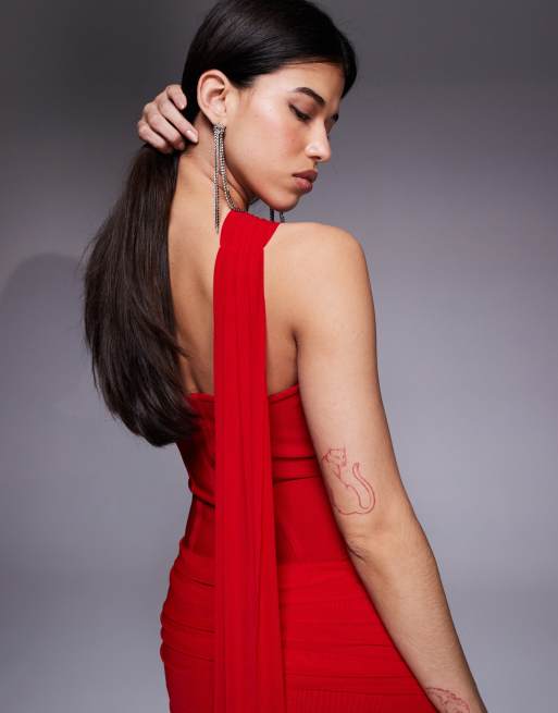 Kaiia – Exclusive – Hochwertiges, figurformendes Bodycon-Minikleid in Rot mit trägerlosem Design und Drapierung, 2 von 4