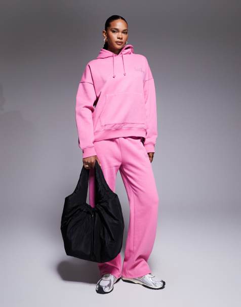 Kaiia Exclusive – Jaskraworóżowy zestaw z logo ze strasów: joggersy z szerokimi nogawkami i bluza oversize z kapturem - view 1