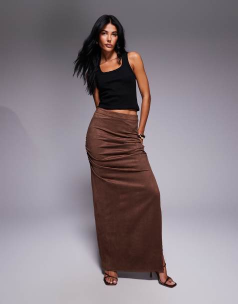 Kaiia exclusive faux suede side split maxi skirt in tan