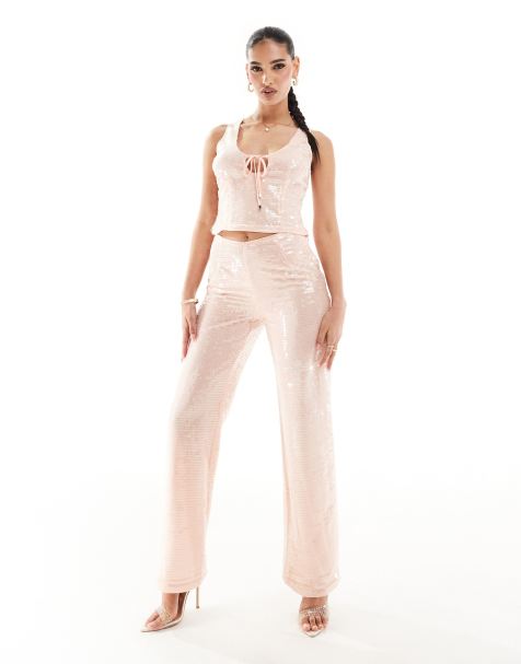 Kaiia exclusive sequin wide leg trousers co-ord in pale pink  