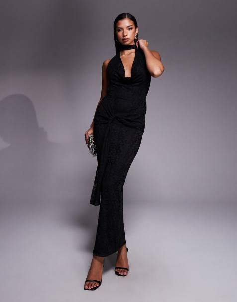 Kaiia - Exclusive - Kanten maxi jurk met diepe gedrapeerde halslijn en open rug met drapering in de taille in zwart - view 1