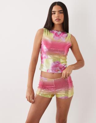 Exclusive - Knappe Pailletten-Shorts in Zitronengelb mit rosa Blumenmuster, Kombiteil-Mehrfarbig Mehrfarbig 38