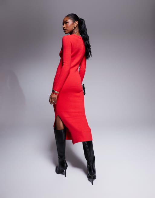 Kaiia exclusive knit bodycon midaxi sweater dress in red, 3 of 4