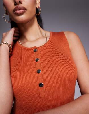 kaiia exclusive knit button front pocket detail sleeveless mini dress in rust