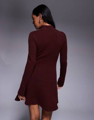 Kaiia Exclusive Knit High Neck Skater Mini Dress In Red