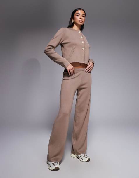 Kaiia Exclusive knit pocket detail wide leg pants in taupe - part of a set - view 1