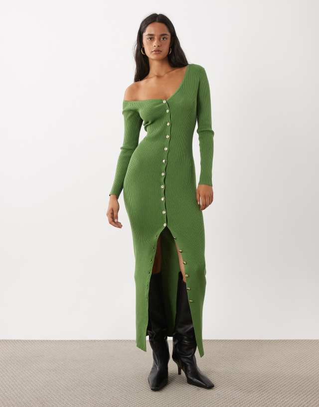 Kaiia exclusive knitted asymmetric neckline button through maxi