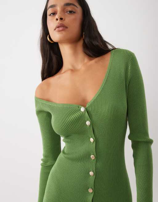 Kaiia exclusive knitted asymmetric neckline button through maxi dress in green, 2 of 4