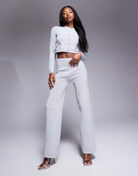 Kaiia exclusive knitted bow detail cardigan and trousers co-ord in light grey - view 1