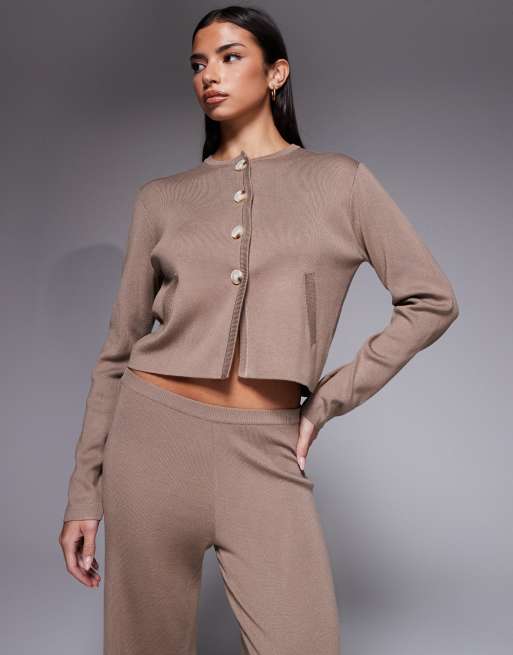 Kaiia exclusive knitted button front pocket detail cardigan co-ord in taupe, 2 of 4