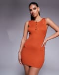 [Kaiia] Kaiia exclusive knitted button front pocket detail sleeveless mini dress in rust-Red L RUST