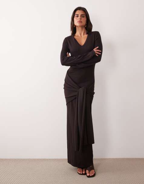 Kaiia exclusive knitted collar detail knot drape waist detail maxi dress in chocolate - view 1