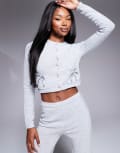 [Kaiia] Kaiia exclusive knitted cropped bow detail button through cardigan in light grey (part of a set) M GREY