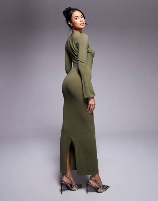 Kaiia exclusive knitted flare sleeve bodycon maxi dress in khaki | ASOS