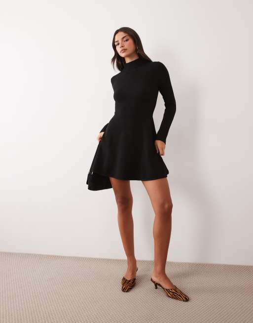 Kaiia exclusive knitted high neck skater mini dress in black, 2 of 4