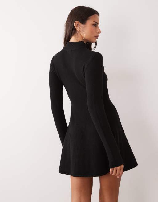 Kaiia exclusive knitted high neck skater mini dress in black, 4 of 4