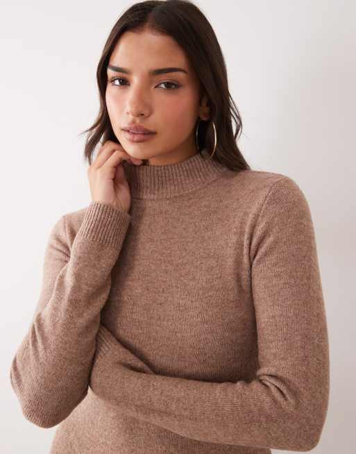 Kaiia exclusive knitted high neck skater mini dress in light brown, 3 of 4