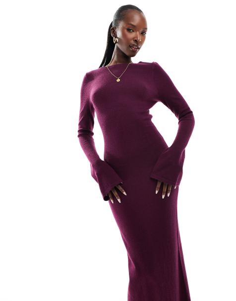Kaiia exclusive knitted long sleeve bodycon maxi dress in burgundy - view 1
