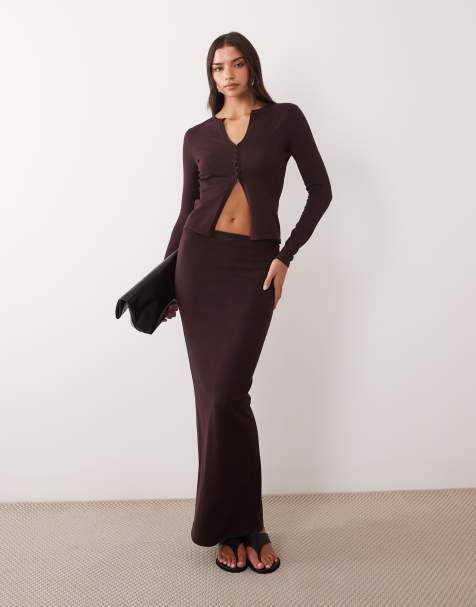 Kaiia exclusive knitted long sleeve split front clasp detail top and skirt in brown - view 1