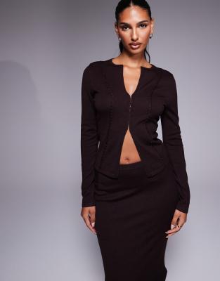 Kaiia Kaiia exclusive knitted long sleeve split front clasp detail top co-ord in brown