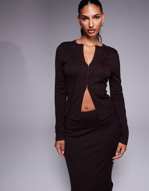 Kaiia exclusive knitted long sleeve split front clasp detail top in brown (part of a set) - view 1