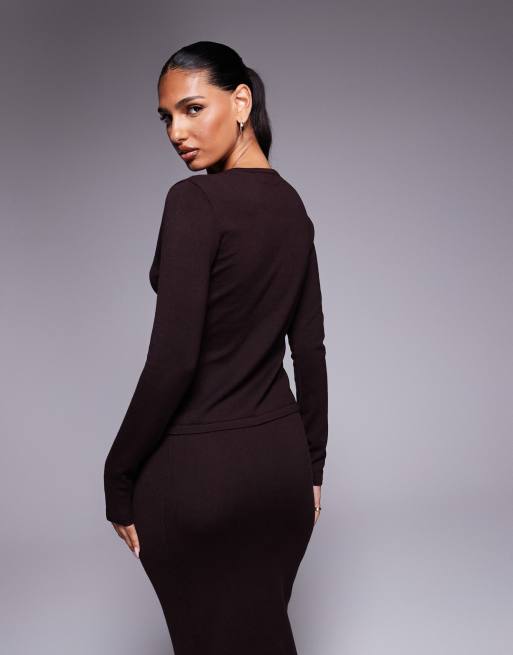 Kaiia exclusive knitted long sleeve split front clasp detail top in brown (part of a set), 2 of 4