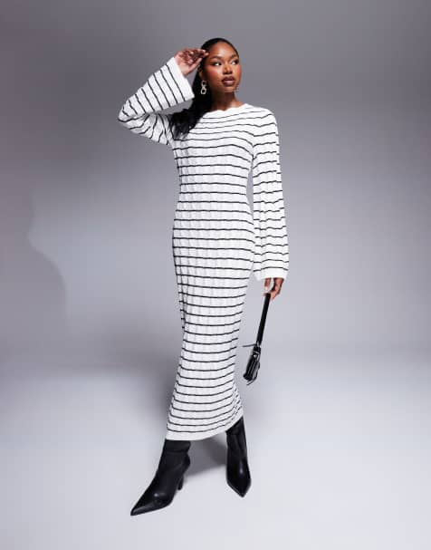Kaiia exclusive knitted maxi jumper dress in black and cream stripe - view 1