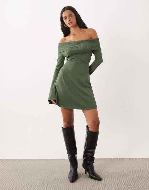 Kaiia exclusive knitted ribbed foldover bardot flare sleeve mini dress in khaki - view 1