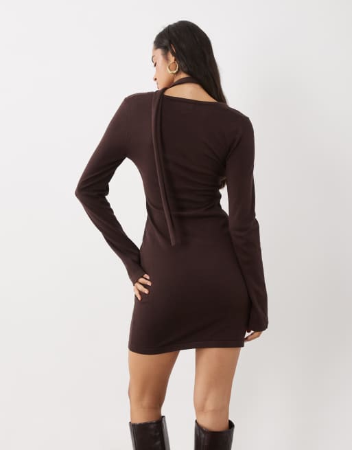 Kaiia exclusive knitted scarf detail flare sleeve mini dress in chocolate, 2 of 4