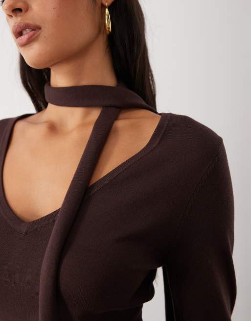 Kaiia exclusive knitted scarf detail flare sleeve mini dress in chocolate, 3 of 4