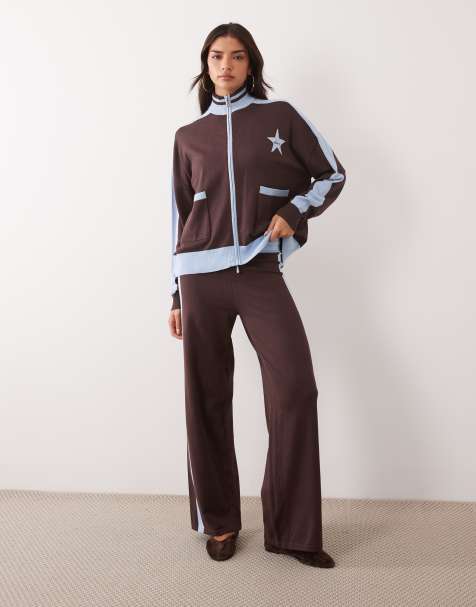 Kaiia exclusive knitted side stripe wide leg joggers co-ord in dark blue and brown - view 1