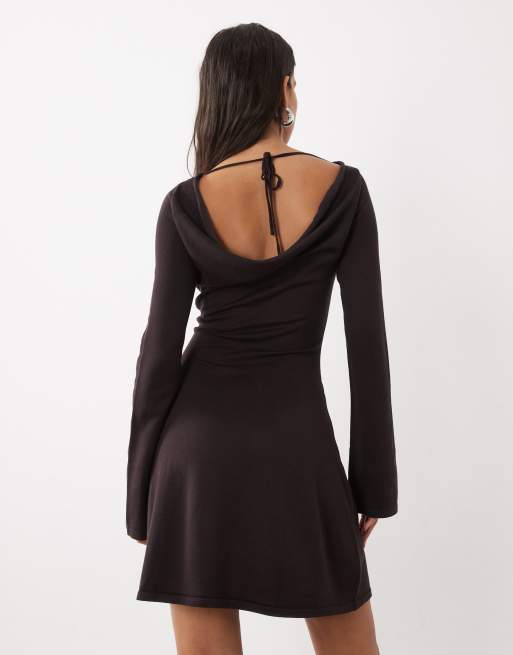 Kaiia exclusive knitted slash neck cowl back skater mini dress in chocolate, 4 of 4