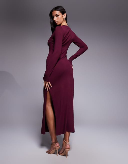 Kaiia exclusive knitted slash neck long sleeve maxi dress in burgundy, 3 of 4