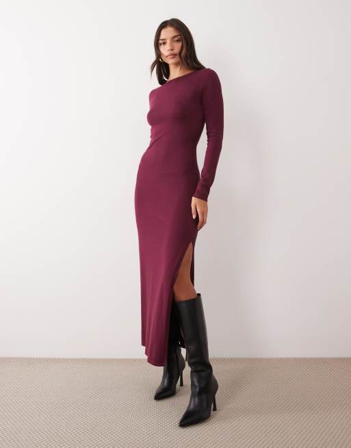 Kaiia exclusive knitted slash neck long sleeve side split maxi dress in burgundy, 2 of 4