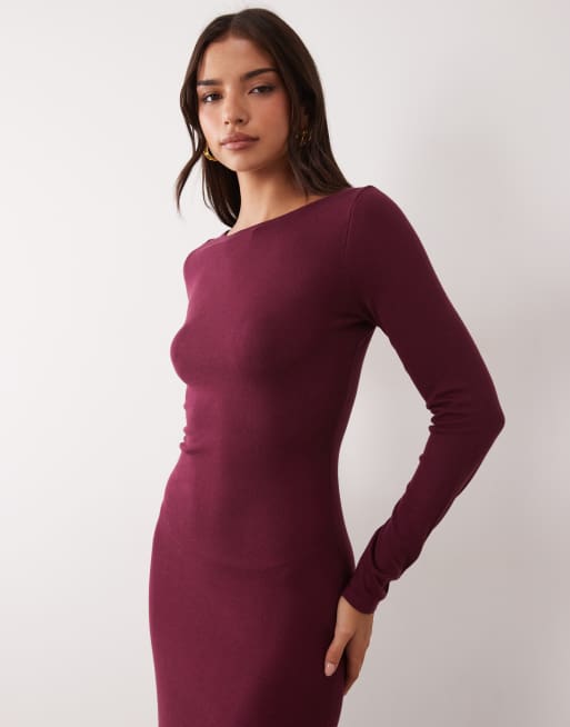 Kaiia exclusive knitted slash neck long sleeve side split maxi dress in burgundy, 3 of 4