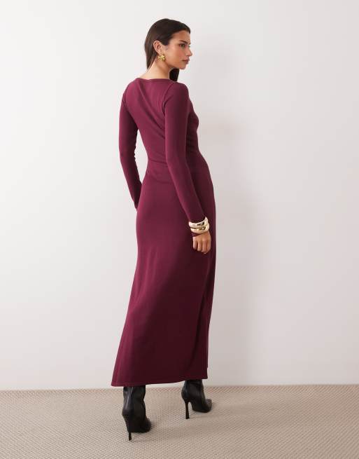 Kaiia exclusive knitted slash neck long sleeve side split maxi dress in burgundy, 4 of 4
