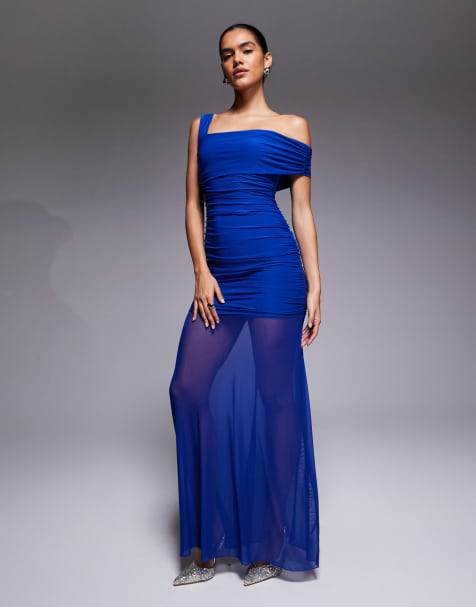 Kaiia exclusive double layered slinky asymmetric one shoulder sheer hem maxi dress in cobalt