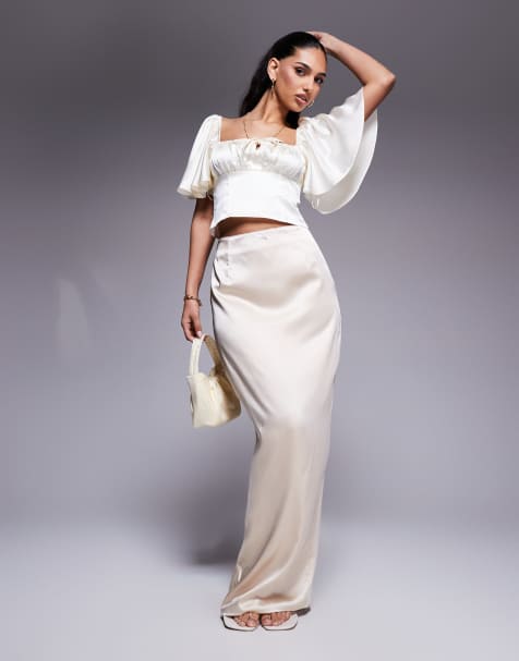 Kaiia exclusive satin bodycon bow trim detail maxi skirt in cream