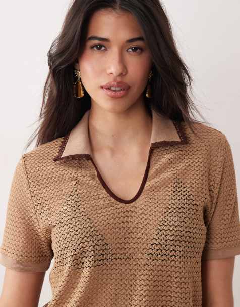 Kaiia – Exclusive – Kurzes Polo-Oberteil aus Häkelstrick in Beige mit kontrastierendem Besatz am Kragen, Kombiteil - view 1