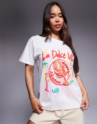 Kaiia exclusive La Dolce Vita lobster graphic oversized t-shirt in white